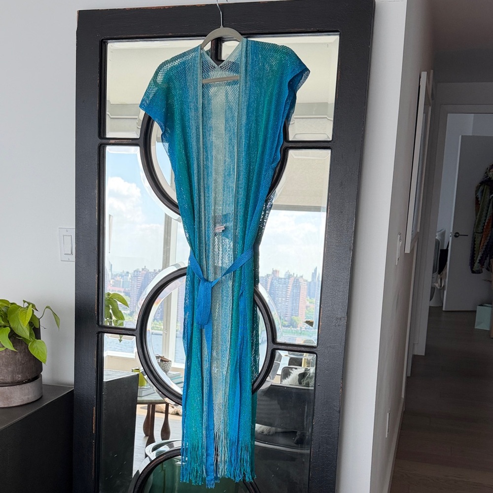 Luli Fama Sheer Blue Ombre Fringe long kaftan